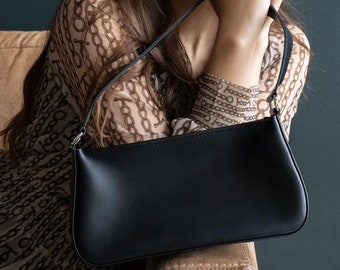 Personalized leather bag, black rectangular bag, evening handbag, valentines day gift for her, top handle purse, minimalist bag