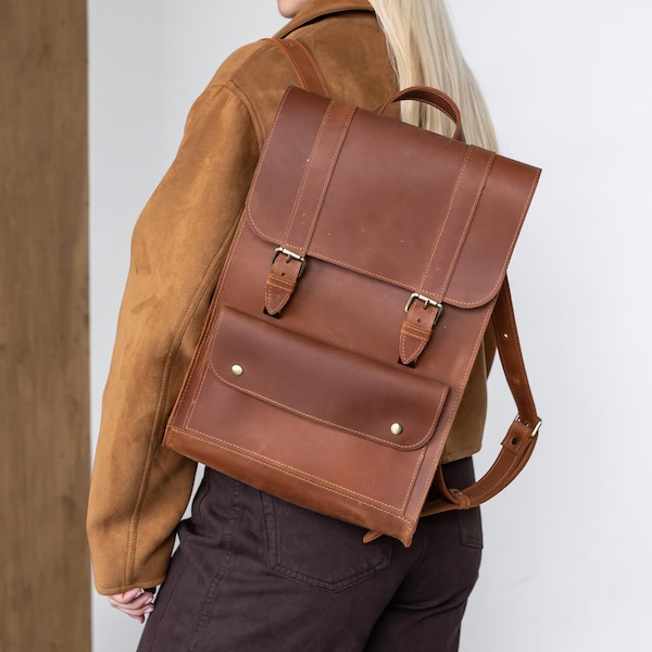Mochila universitaria personalizada, mochila de oficina de cuero, maletín de mujer hecho a mano