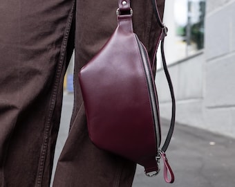 Burgundy leather bum bag, travel crossbody for her, women fanny pack