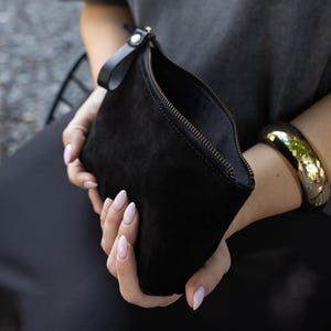 Small black suede makeup case, custom toiletry bag, personalized clutch, gift for wife