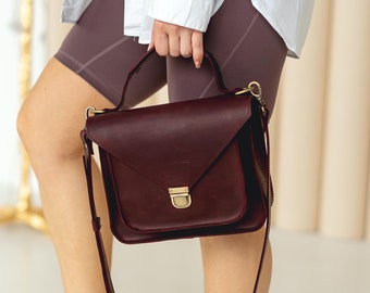 Casual womens leather satchel bag, personalized shoulder bag, messanger bag, everyday bag, birthday gift for her, leather burgundy handbag