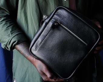 Small crossbody bag for men, black genuine leather purse, personalized gift for boyfriend