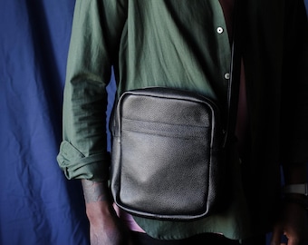 Leather shoulder bag, black crossbofy purse for men, personalized crossbody, birthday gift for him