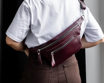 Leather belt bag, burgundy fanny pack, everyday sling bag, personalized crossbody bag, gift for wife, custom bum bag, christmas gift for her