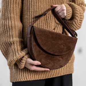 Brown suede crescent bag, top handle bag, womens handbag, half moon shoulder bag, everyday bag, anniversary gift, crossbody purse