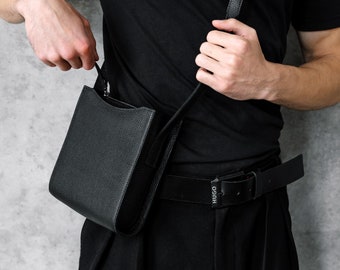 Mobile phone pouch bag, black crossbody purse, leather small bag for men, valentines day gift for boyfriend, phone sling bag, minimalist bag