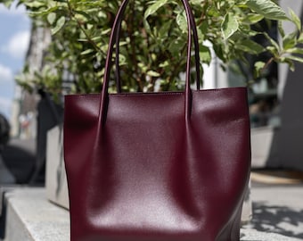 Women burgundy leather purse, large work handbag, minimalist shoulder bag for mom