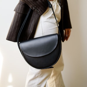Half moon leather purse, black shoulder bag, leather crossbody bag, semicircular handbag, gift for her, womens chest bag
