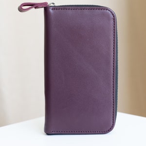 Cartera de cuero para dama, billetera personalizada color burdeos, billetera hecha a mano, monedero, regalo de San Valentín para esposa, accesorios de cuero