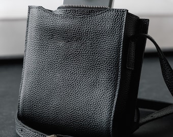 Mini crossbody bag for men, leather purse, slim mobile phone bag, black shoulder bag, christmas gift for him, phone carrier, boyfriend gift