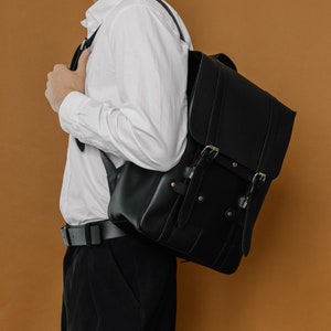 Black laptop rucksack, leather work backpack, school rucksack, unisex daypack, gift for him, college knapsack, birthday gift