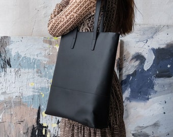 Leather shoulder bag, casual leather black bag, grocery bag, leather shopper bag, women's shopping bag