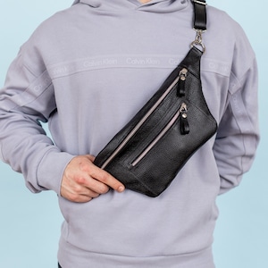 Black genuine leather sling bag for him, personalized fanny pack, small crossbody bag for men, boyfriend gift