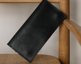 Mens black wallet, minimalist wallet, leather long wallet, personalized wallet, husband gift, money purse, card cash wallet, gift for him