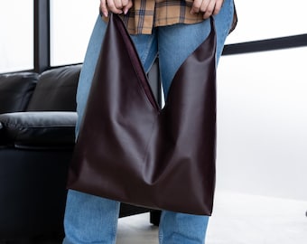 Genuine leather burgundy bag, handmade large shopper, custom office purse, gift for her