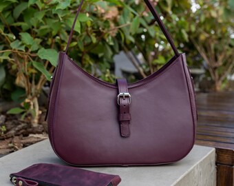 Burgundy everyday bag, women leather bag,  small evening purse, city bag, casual handbag, half moon bag, womens gift, medium purse