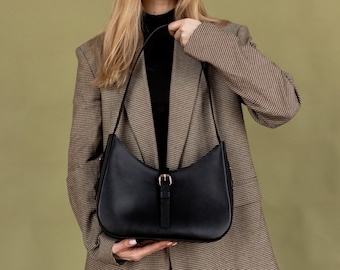 Bolso de cuero personalizado de estilo clásico, bolso de noche negro, bolso de hombro de cuero, bolso de ciudad para mujer, regalo de aniversario para ella