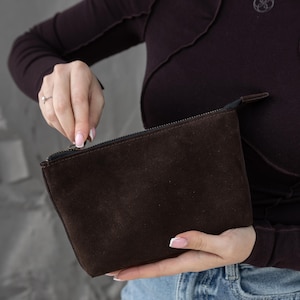 Brown suede toiletry bag, handmade makeup pouch, leather cosmetic bag, custom wife gift