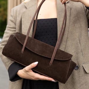 Elegante bolso de ante, bolso de mano marrón con asas largas, bolso de noche, regalo para esposa