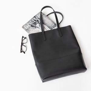 Black leather shopper bag, large shoulder bag, work handbag, shopping bag, gift for mom, top handle bag, gift for women, grocery bag