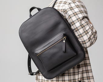 Leather Laptop Daypack, Black Men Backpack, City Travel Haversack