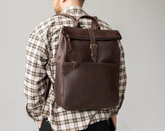 Leather city travel backpack, men work backpack, office laptop rucksack, student knapsack, personalized gift for him, everyday haversack
