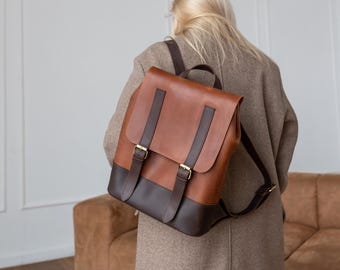 Leather work backpack, traveling rucksack, personalized women knapsack, everyday city daypack, gift for women, student college backpack