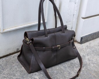 Brown leather structured bag, top handle handbag, crossbody bag, ladies purse