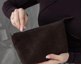 Brown suede toiletry bag, handmade makeup pouch, leather cosmetic bag, custom wife gift