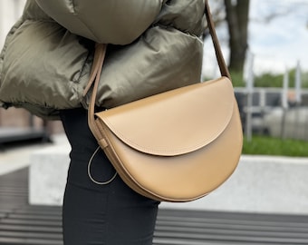 Leather crescent womens bag, boho half moon purse, leather crossbody bag, anniversary gift for her, chest bag, crescent bag