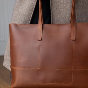 May include: A brown leather tote bag with two long handles. The bag has a rectangular shape with stitched details and a pocket on the front. The bag is held by a person wearing a tan coat.