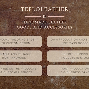 May include: Image features the text "TEPLOLEATHER & HANDMADE LEATHER GOODS AND ACCESSORIES." Additional text includes "INDIVIDUAL TAILORING BAGS WITH CUSTOM DESIGN" and "DURABLE AND RELIABLE 100% HANDMADE."