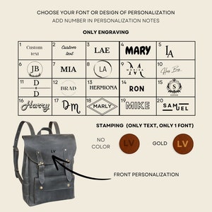 May include: A gray leather backpack with adjustable straps and buckle closures. The image shows personalization options, including engraving and stamping with text and fonts. The text on the bag reads "LV".