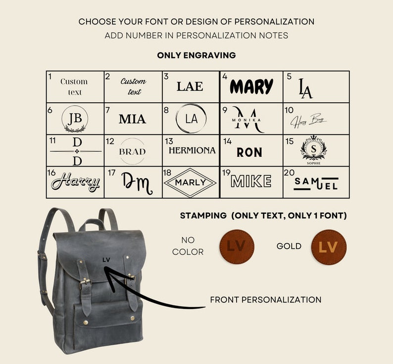 May include: A gray leather backpack with adjustable straps and buckle closures. The image shows personalization options, including engraving and stamping with text and fonts. The text on the bag reads "LV".