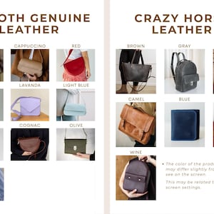 May include: A display of leather bags in various colors, including burgundy, cappuccino, red, white, lavanda, light blue, shiny black, cognac, olive, and beige. The bags are labeled as "Smooth Genuine Leather" and "Crazy Horse Leather."