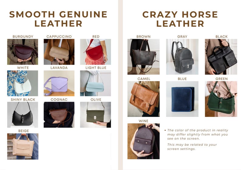 May include: A display of leather bags in various colors, including burgundy, cappuccino, red, white, lavanda, light blue, shiny black, cognac, olive, and beige. The bags are labeled as "Smooth Genuine Leather" and "Crazy Horse Leather."