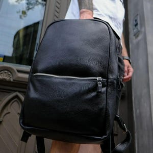 Black leather city backpack, spacious laptop rucksack, personalized daypack for men, husband gift, everyday student haversack, gift for him