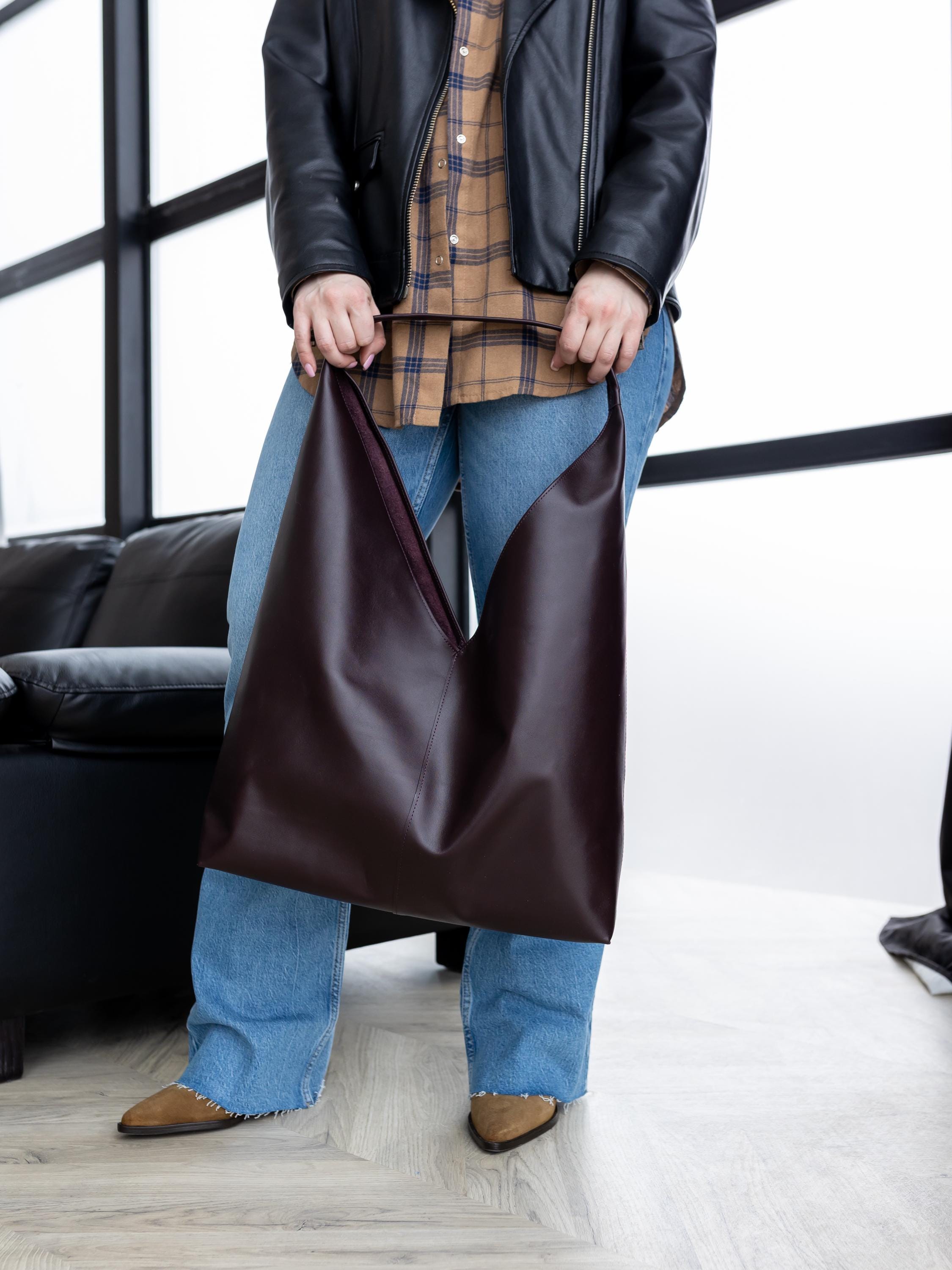 Genuine leather burgundy bag, handmade large shopper, custom office purse, gift for her