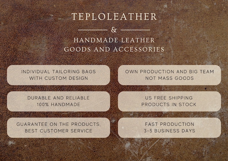 Peut inclure: L'image pr&eacute;sente le texte "TEPLOLEATHER & HANDMADE LEATHER GOODS AND ACCESSORIES." On peut &eacute;galement lire "INDIVIDUAL TAILORING BAGS WITH CUSTOM DESIGN" et "DURABLE AND RELIABLE 100% HANDMADE."