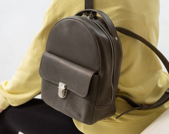 Gray mini leather backpack, womens leather rucksack, traveling haversack, 3rd anniversary gifts, small leather knapsack