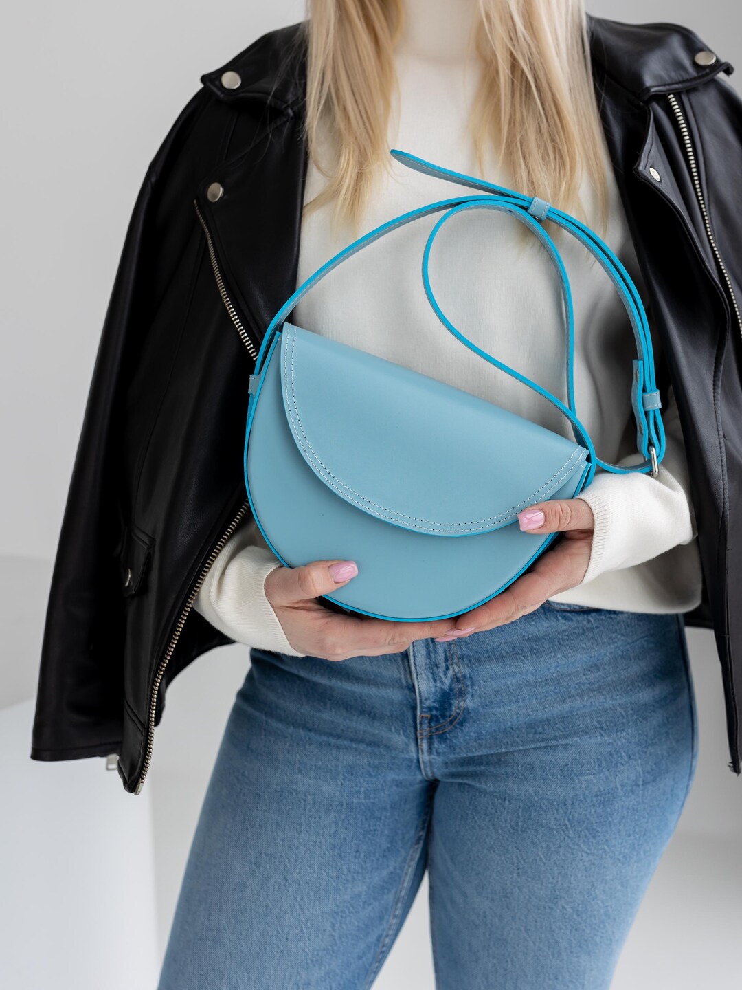 Blue Genuine Leather Purse, Handmade Crossbody Bag, Elegant Minimalist ...