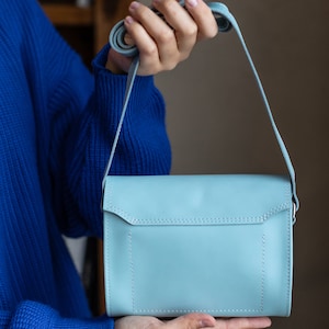 Blue women's leather handbag, mini bag, small bag, crossbody bags, birthday gift, fashion shoulder bag zdjęcie 8