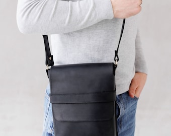 Black leather messenger bag for men, small crossbody bag, vertical shoulder bag for men, best gift for dad, birthday gift for him