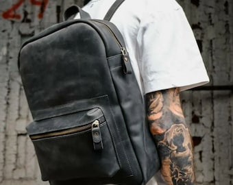 Leather backpack men, haversack, knapsack for computer, leather laptop backpack, anniversary gifts