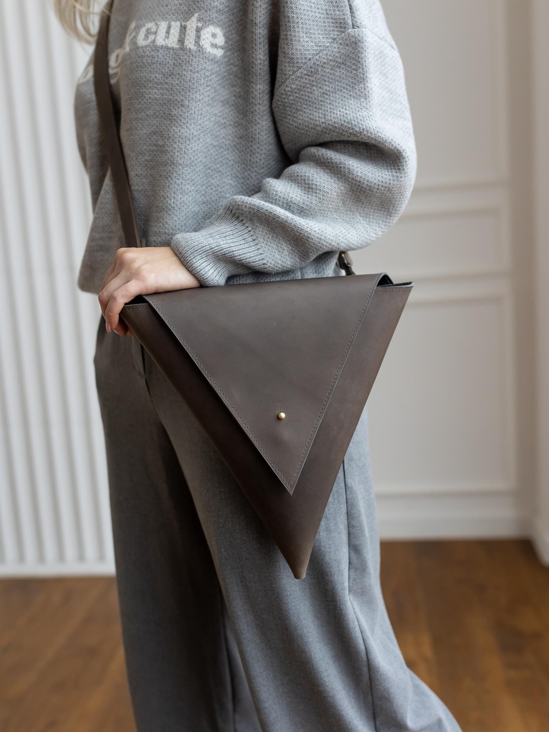 Geometric Crossbody Bag, Leather Triangle Shoulder Purse, Unique