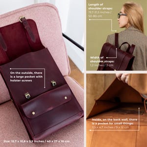 May include: A burgundy leather backpack with a flap closure and adjustable shoulder straps. The bag has a front pocket and a back pocket for small items. The dimensions are 15.7 x 10.6 x 3.9 inches. Shoulder straps are 19.7-31.5 inches long and 1.2 inches wide.