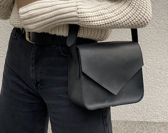 Minimalist leather black bag, womens small bag, birthday gift, shoulder bag for her, mothers day gift
