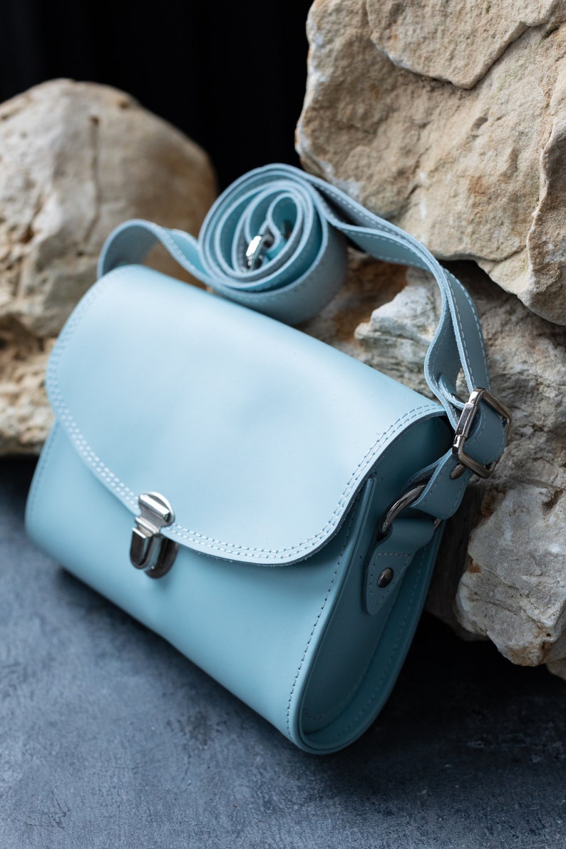 Blue women's leather handbag, mini bag, small bag, crossbody bags, birthday gift, fashion shoulder bag zdjęcie 5