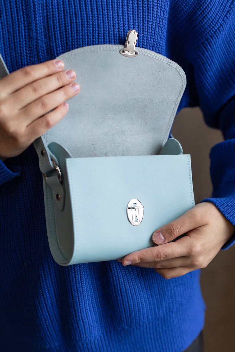 Blue women's leather handbag, mini bag, small bag, crossbody bags, birthday gift, fashion shoulder bag zdjęcie 7