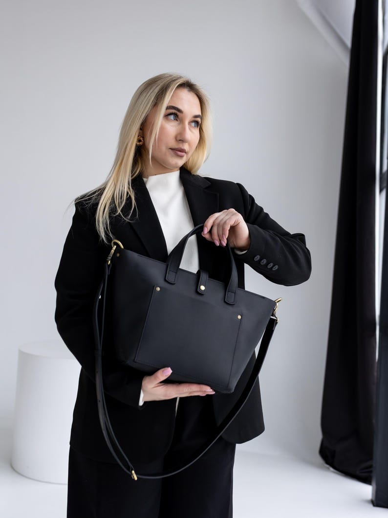 Black leather office handbag, custom work crossbody, handmade top handle, mothers day gift